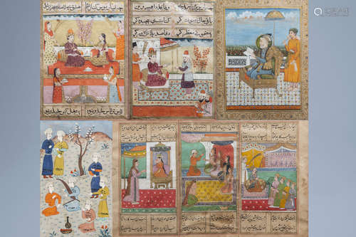 Five various Persian miniature paintings on paper, India, 19...