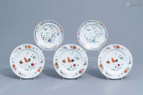 Five Chinese famille rose plates with birds and chickens amo...