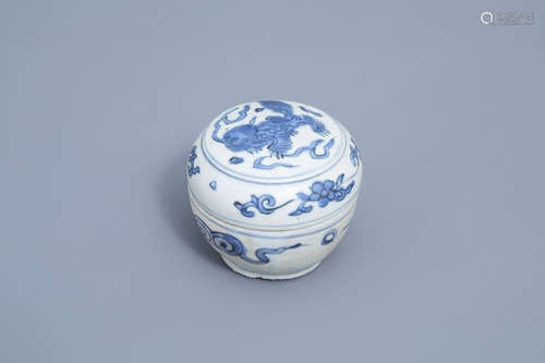 A Chinese blue and white box and cover with a mythical anima...