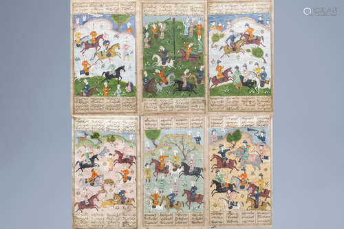 Six large Persian miniature paintings depicting hunting, tou...