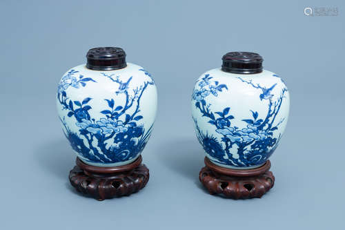 A pair of Chinese blue and white ginger jars with birds, pro...