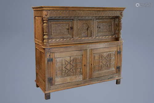 An English or Flemish wooden four-door court cupboard with g...