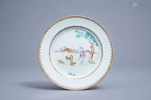 A Chinese famille rose plate with aÊ shepherdess and her flo...