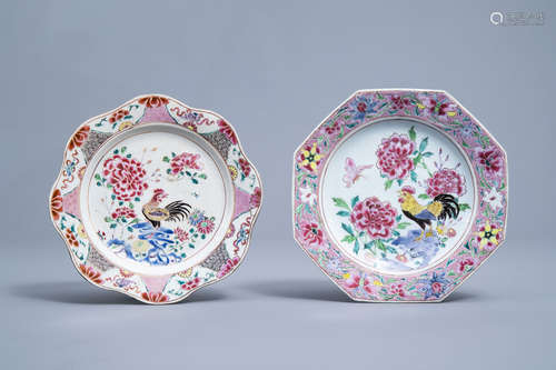 Two Chinese famille rose plates with a rooster and floral de...