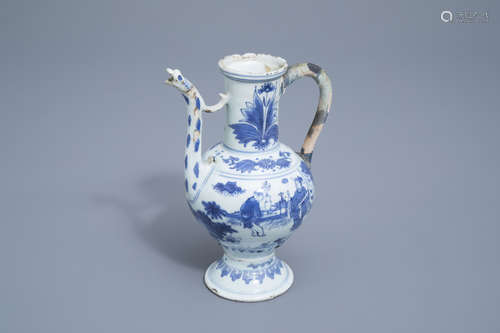 A Chinese blue and white ewer with figures in a landscape, T...