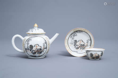 A Chinese grisaille, gilt and iron red teapot, cup and sauce...