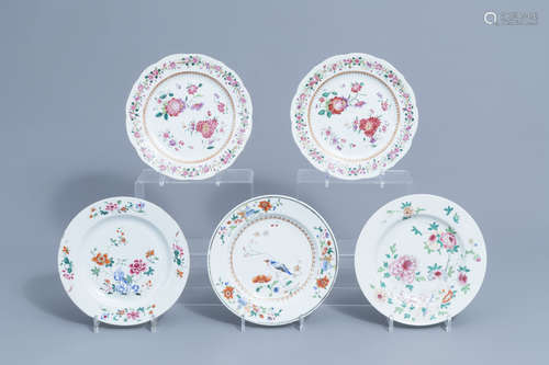 Five Chinese famille rose plates with floral design , Qianlo...