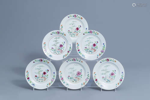 Six Chinese famille rose plates plates with floral design, Q...