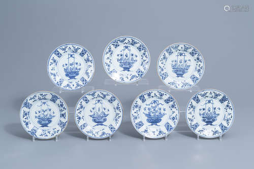 Seven Chinese blue and white plates with flower baskets, Qia...