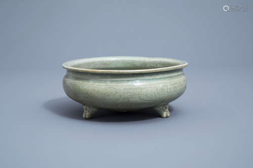 A Chinese Longquan celadon tripod censer, Ming