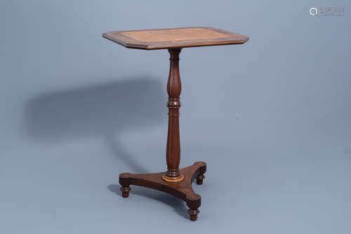 An English tripod wood side table with burl wood top, 19th C...