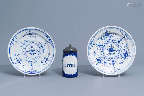 Two blue and white Brussels faience plates and a beer mug, 1...