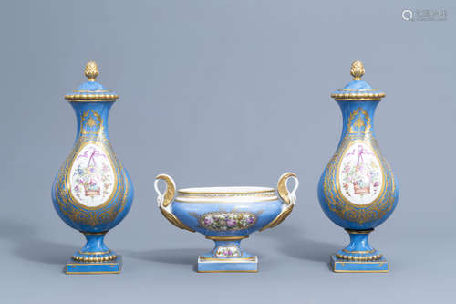 A pair of French 'bleu celeste' Svres manner vases and an E...