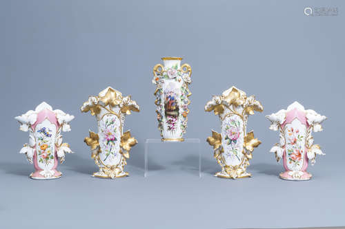 Two pairs of gilt and polychrome Paris porcelain vases and a...