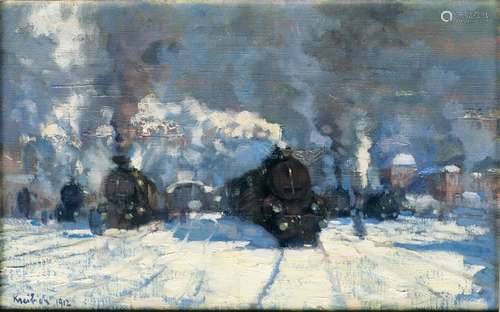 Vilém Kreibich (Zdice 1884 - Prag 1955). Lok-Depot im Schnee...