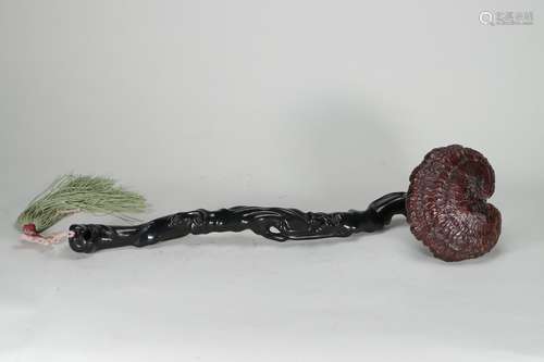 chinese red sandalwood ruyi inlaid with ganoderma