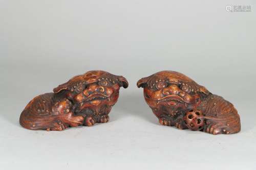 pair of chinese bamboo carving of lions