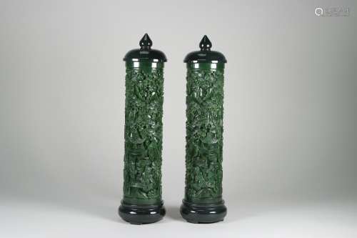 pair of chinese hetian green jade incense pots