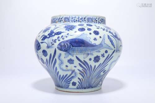 chinese blue and white porcelain fish pattern jar