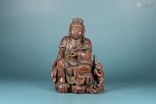 chinese bamboo carving of seated yuan yin