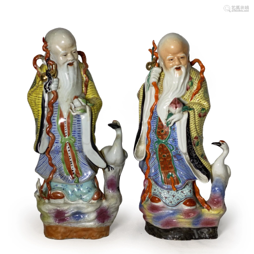 Pair Of Famille Rose Porcelain Shoulao Statues