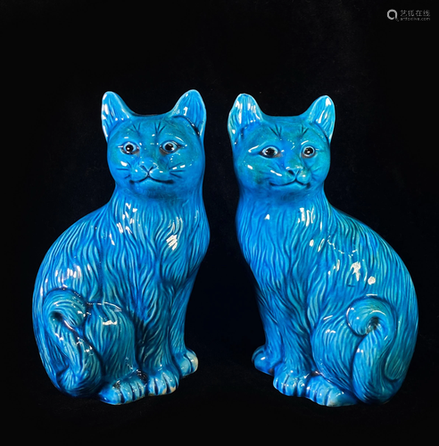 Pair Of Turquoise-Glazed Porcelain Cat Statues