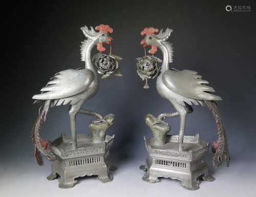 Pair Of Chinese Export Polychromed Pewter Phoenix, Late