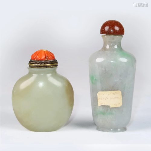 Two Carved Jade & Jadeite Snuff Bottles With Coral Top