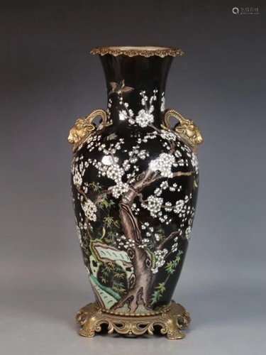 Black-Ground Prunus Metal Mounted Porcelain Vase with