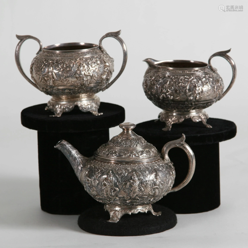 Fine Burmese 3 Piece RepoussÃ© Silver Tea Set, c.