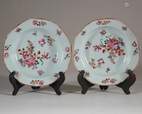 18th C. Pair Octagonal Chinese Export Plates, Famille