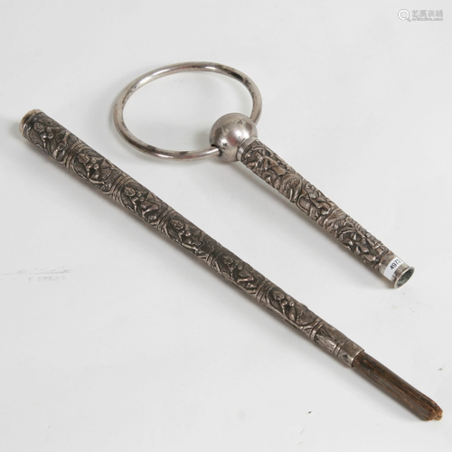 2 Silver Asian RepoussÃ© Cane/Parasol Handles, late