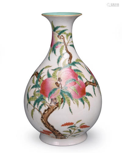 Famille Rose 'Nine Peach' Porcelain Vase, Yuhuchunping,