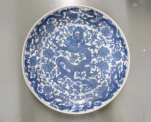 Large Blue And White Dragon Porcelain Dish