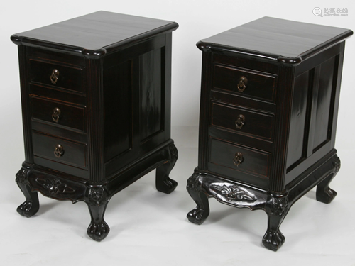 Pair Chinese Lacquered 3 Drawer Side Cabinets , c.