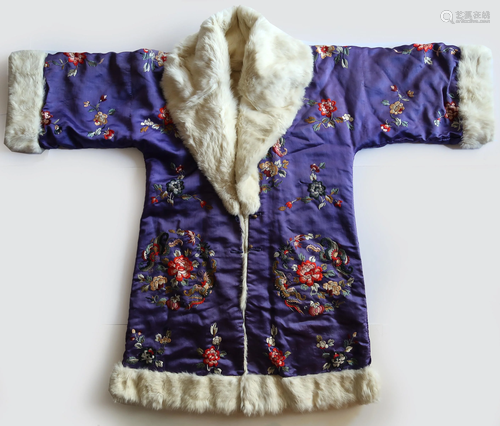 Chinese Blue-Ground Silk Embroidered Fur Coat