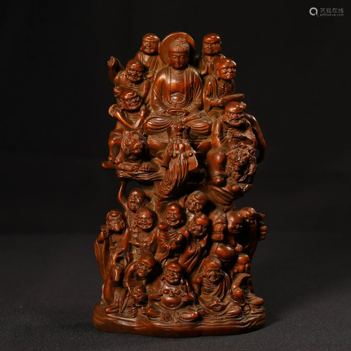 Finely Carved 'Eighteen Arhats' Boxwood Boulder