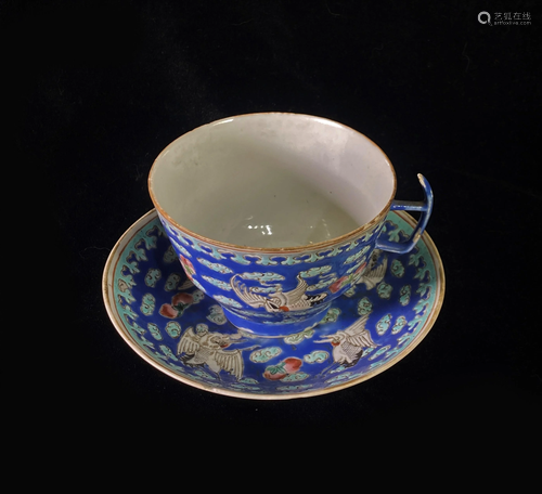 Blue-Ground Famille Rose 'Crane' Porcelain Cup & Saucer