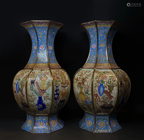 Pair Of Painted Enamel Bronze Vases, Qianlong Mark