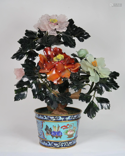 Jade Flowers In Cloisonne Enamel Jardiniere