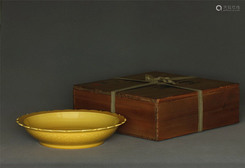 Yellow Glazed Carved Plate with Box, Qianlong Mark