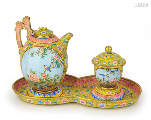 Painted Enamel 'Bird & Flower' Bronze Teapot & Cup,