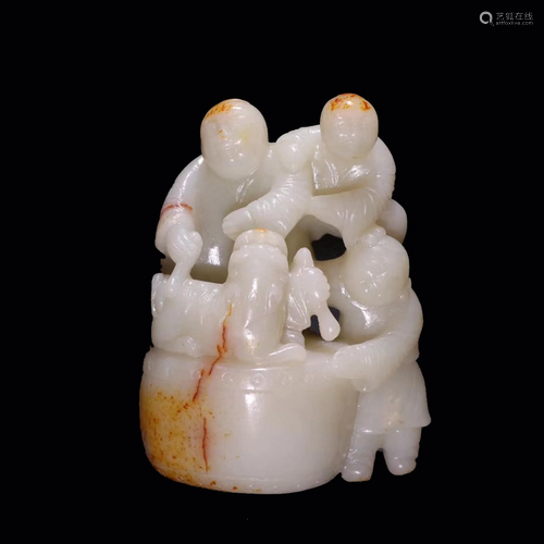 Carved Hetian Jade Carving of Boys & Drum