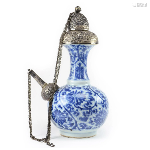 Chinese Blue & White Porcelain KENDI With Silver Mounts