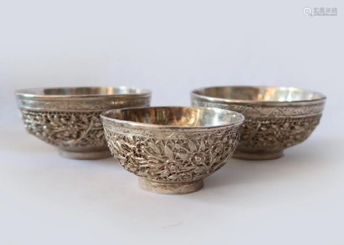 Three Finely Carved Chinese Silver Bowls