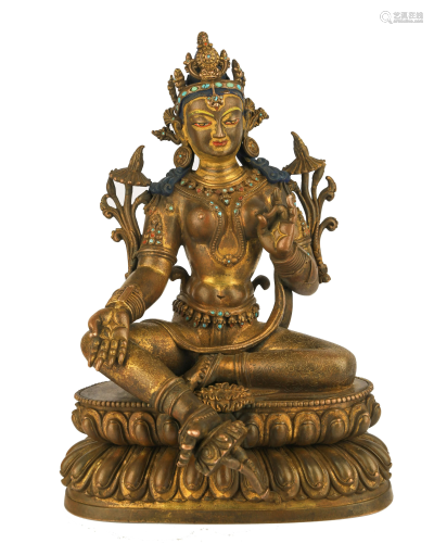 Gilt Bronze Figure of A Tara With Gemstone-Inlaid