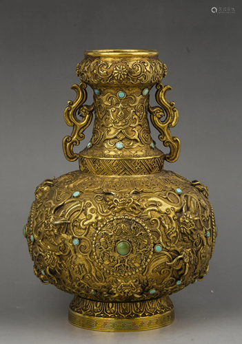 Gilt Bronze & Turquoise-Inlaid Double-Handled Vase