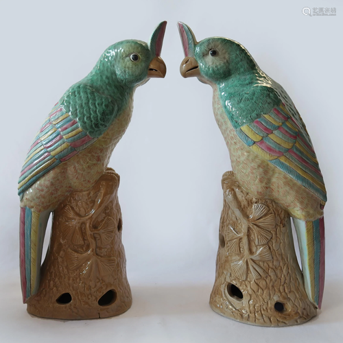 Pair Of Chinese Famille Rose Porceleain Parrots