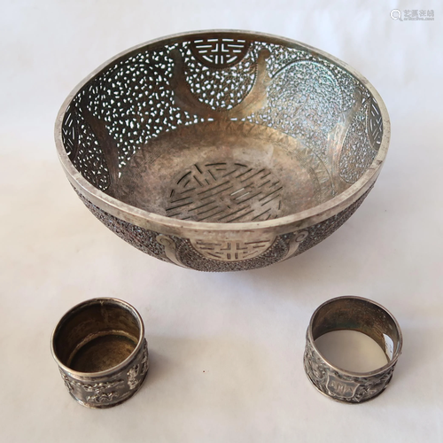 Intricatly Carved Chinese Silver Bowls & Napkin Rings