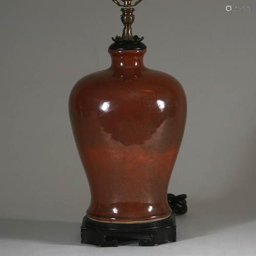 Large Chinese Red-Glazed Meiping Form Vessel as Lamp